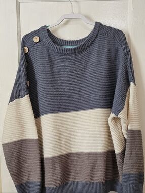 🤍 Colorblock Knit Sweater – Cozy Button Shoulder Pullover